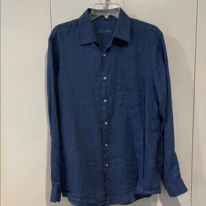 S-O-L-D. 
Tasso Elba Navy Patterned Button Down Linen Shirt